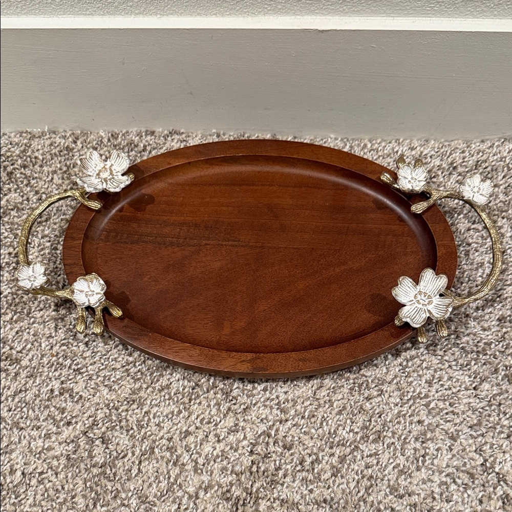 Wooden Oval Serving Tray with Floral Handles